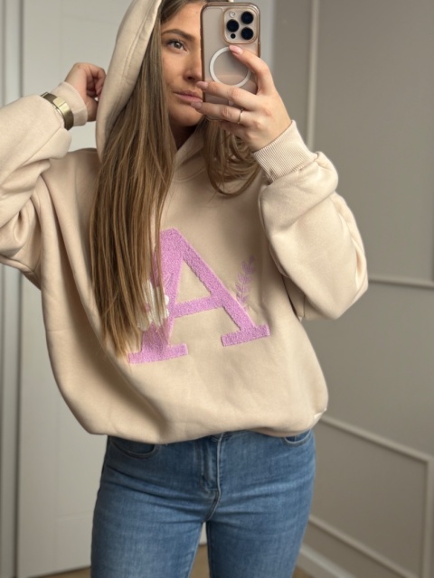Bluza z kapturem beżowa z literką A BAWEŁNA 100 %