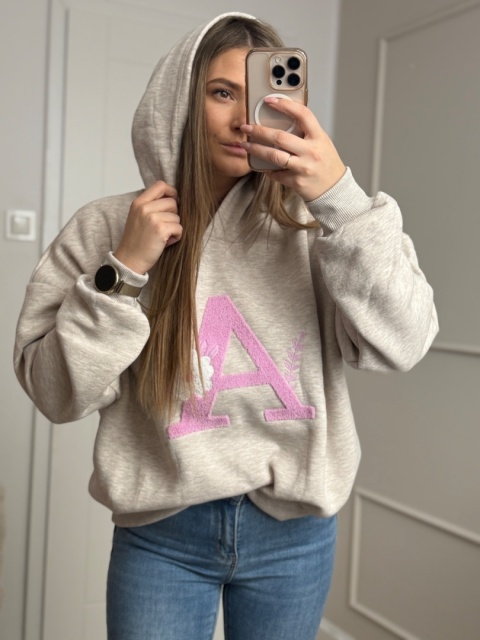 Bluza z kapturem beż melanż z literką A BAWEŁNA 100 %