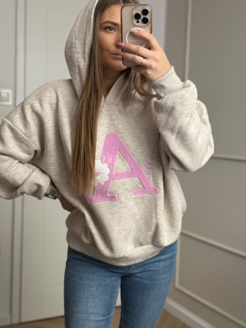 Bluza z kapturem beż melanż z literką A BAWEŁNA 100 %