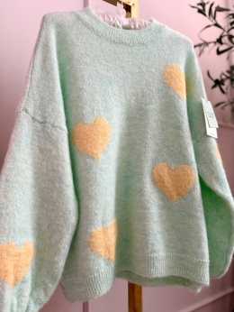 Miękki sweter w serca miętowo żółty